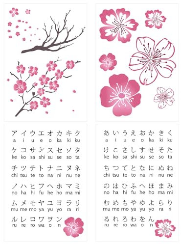 CIEMODA 4 PCS Japanese Hiragana Katakana Alphabet Stencil Flower Stencil Set,Sakura Stencil Film for Bullet journaling,Wood Carving, Drawings,Woodburning, Engraving and Scrapbooking Project A4 Size