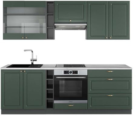 Vicco Küchenzeile Fame-Line, Grün-Gold Landhaus/Anthrazit, 235 cm, AP Marmor