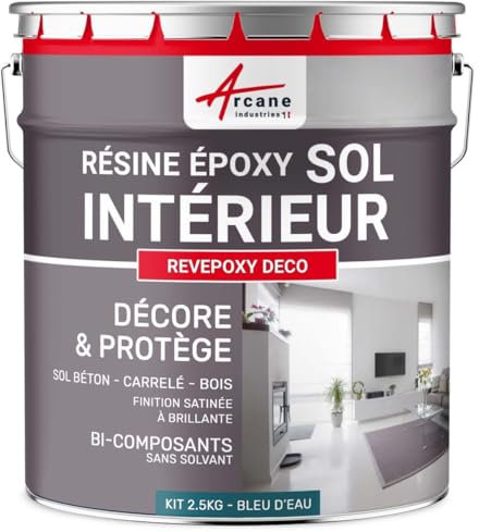 ARCANE INDUSTRIES Peinture sol, résine epoxy, peinture pour sol, salon, cuisine, salle de bains, effet miroir : Revepoxy deco - 2.5 kg (jusqu'à 12.5 m² en 2 couches) Bleu D'eau - RAL 5021