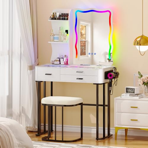 Gurexl LED Schminktisch mit Spiegel, RGB Weiß Schminktisch mit Hocker Beleuchtung Schubladen Glasplatte 3 Schubladen Lippenstiftständer, Haartrocknerständer Frisiertisch für Schlafzimmer Wohnzimmer
