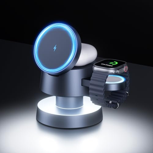 4 in 1 Magnetic Wireless Charging Station, 15W Fast Charging with Adjustable Night Light, Magnetic Wireless Charging Station for iPhone 16 15 14 13 12 Pro Max and Apple Watch, AirPods