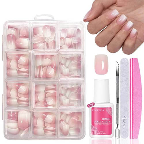 Nagel Tips Set - 240 Stück Französisch Falsche Nägel Zum Aufkleben - Weiß Rosa Gradient Design Nageltips Full Cover Fake Nails soft gel Natürliches & Angenehmes Tragegefühl Manicure (Pink Quadratisch)