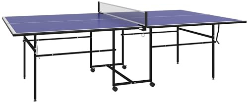 SPORTNOW Tavolo da ping pong pieghevole compatto con 4 rotelle per uso interno ed esterno, 274L x 152,5L x 75,5H cm blu