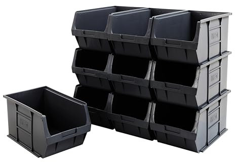BiGDUG Plastic Parts Bins - Stackable or Wall Mounted Storage Boxes Garage Organiser - Pack of 10 - 175H x 200W x 355D mm - Black