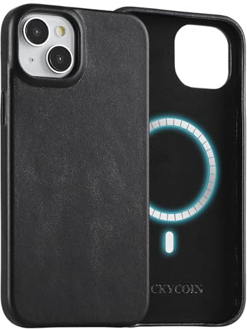 LUCKYCOIN Premium Genuine Leather Case for iPhone 15 Plus, Compatible with MagSafe, Slim Fit Shockproof Phone Case with Metal Buttons, Anti-Slip, Wireless Charging Compatible, Black