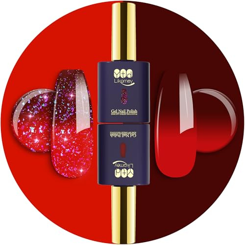 YTD Likomey Thermal Color Changing Gel Nail Polish Set,Dual-Tone Bright Red to Burgundy Iridescent Flakes Mood Temperature Ombre Gradient UV Nail Gel, 2 Pcs 0.5 Fl Oz