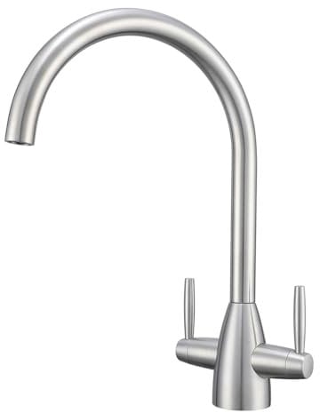 Yamataro Kitchen Tap Stainless Steel Sink Mixer Taps Monobloc Tap Dual Lever 360 Swivel Swan Spout UK Standard 1 Hole Deck Mount Kitchen Faucet for Sink Brushed Anti-Fingerprint