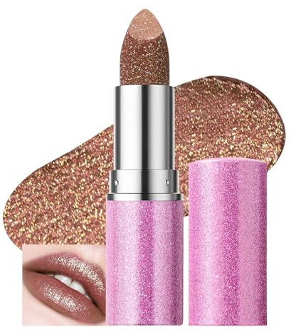 Prreal Sparkling Lipstick Moisturising,Glitter Lipstick Long-Lasting Waterproof,Metallic Not Stick Cup Chameleon Shine Lip Balm Makeup, 06 Brown