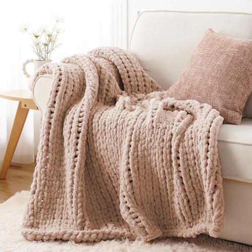 Battilo Chunky Knit Throw Blanket, Soft Thick Chenille Throw Blanket, 125x150cm Handmade Cable Knit Crochet Blanket, Large Rope Knot Blush Pink Throws for Sofa Bed Couch Home Decor