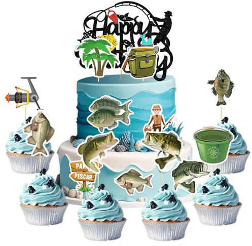 13 Pieces Fishing Cake Toppers Fishing Birthday Decorations Gone Fishing Cupcake Muffin Decor Fishing Birthday Party Decorations for Retirement Farewell Birthday Party Supplies