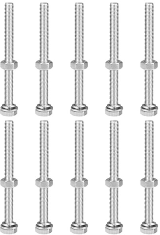 sourcing map Kit di viti a testa esagonale M10 x 120 mm, dadi, rondelle piatte e di bloccaggio, in acciaio inox 304, completamente filettate, 10 set