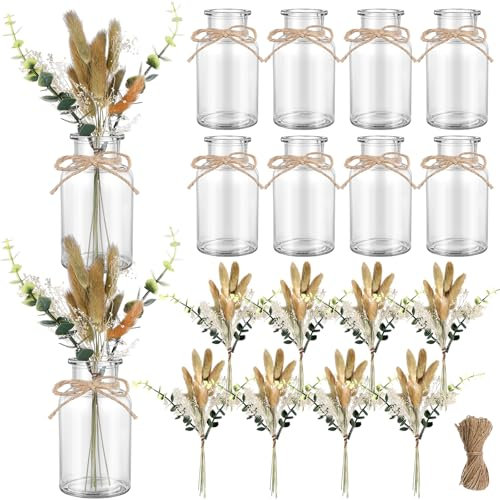 Janinka 10 Sets Mason Jar Table Centerpieces for Wedding Vintage Glass Vase with Eucalyptus Leaves Mason Jar Centerpiece Vases Rustic Dried Sage Artificial Plants for Engagement Party Bridal Shower