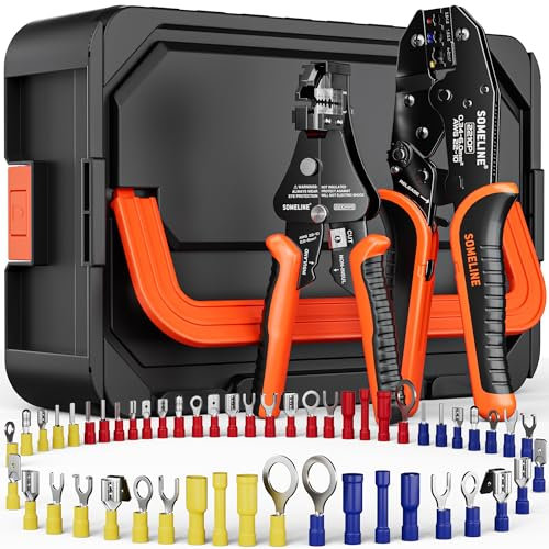 SOMELINE Juego de terminales de crimpado, 51 tipos [0,34 – 6 mm²] con alicates de terminales y pelacables automáticos, juego de terminales de cable – Crimpadora – Juego de alicates de crimpado