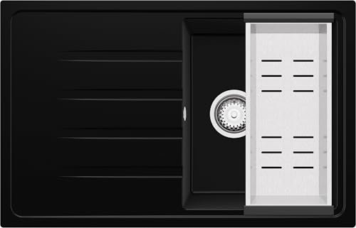 PRIMAGRAN Spülbecken Schwarz 78x50cm, Granitspüle 1 Becken + Ablauf-Set, Küchenspüle ab 45er Unterschrank - Mailand S034