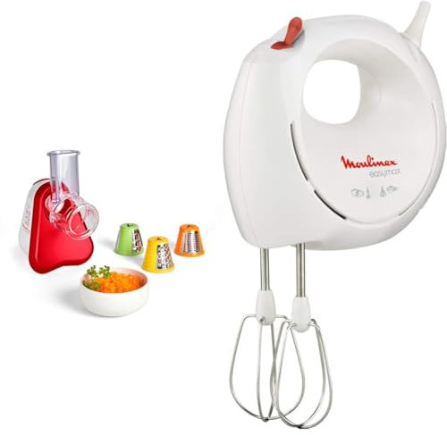 Moulinex Découpe-légumes électriqueFresh Express rouge, Râpe 3-en-1, Large goulotte, DJ753510 + Moulinex Batteur électrique Easymax blanc, 200 W, 2 vitesses, 2 jeux de fouets inclus, ABM11A30
