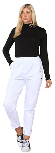 Womens Cherry Berry Full Length Trousers - Ladies Plain Stretchy Elasticated Waist Summer Bottom Pants (White, 16)