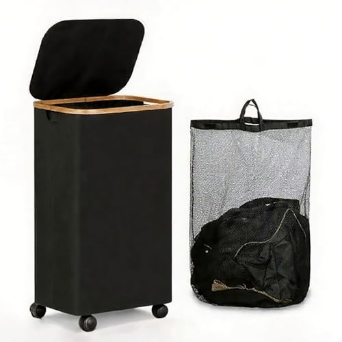 RETSAMV Panier À Linge En Bambou 110L - Pliable Avec Roulettes Et Couvercle, Bac De Rangement Pour Salle De Bain Et Chambre (BLACK)