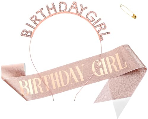 Krone Geburtstag, Geburtstagskönigin Krone, Happy Birthday Tiara und Schärpe für Frauen, Glitzer Roségold Mädchen Schärpe und Strasskrone, Happy Birthday Accessoires