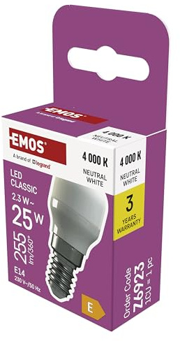 EMOS - LED Kühlschranklampe, 2,3W-LED Lampe Ersatz für 25W-Glühbirne - LED-Birne mit E14 Sockel, Helligkeit 255 Lumen, neutralweiße Lichtfarbe 4000 K - 25 000h Lebensdauer, 200° Abstrahlwinkel, 230 V