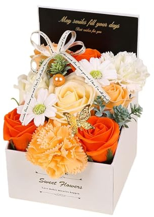 Viahsen Seifenblumenstrauß, Seifenblumen-Geschenkbox, Rosen Seifenblume Deko Geschenkbox, Duftseife Einzigartiges Muttertagsgeschenk Aus Künstlichen Blumen für Jubiläum Hochze, Orange