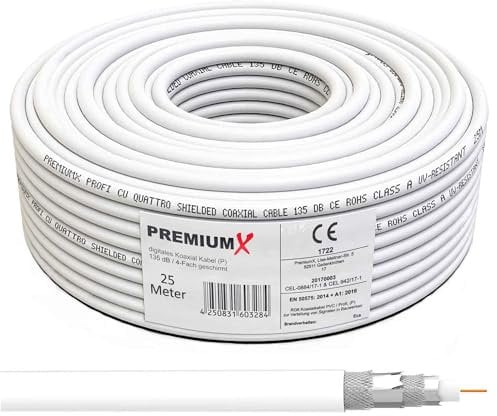 Premium X 25m Profi Koaxialkabel Kupfer 135dB 4-Fach SAT Antennenkabel Koax-Kabel DVB-S / S2 DVB-C DVB-T BK Anlagen Satellitenkabel