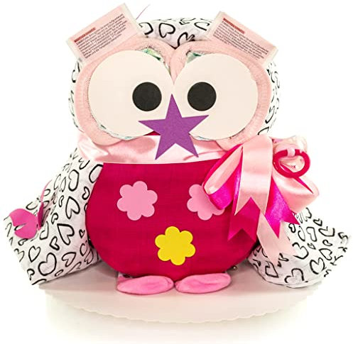 MomsStory - Windeltorte Mädchen | Windel-Eule Windelgeschenk | Baby-Geschenk zur Geburt Taufe Babyparty | Babytorte (Pink) Geburtsgeschenk