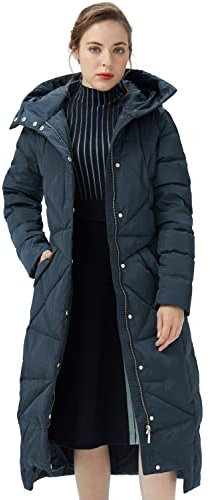 Orolay Damen Daunenmantel mit Kapuze Lange Winterjacke Winddichte Gesteppte Oberbekleidung Marine XL
