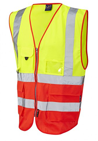 Leo Workwear Lynton Multiple Colour Hi-Vis Class 2 Multi-pocket Superior Waistcoat, M, Yellow-Red