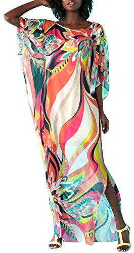 Bsubseach Women's Colorful Floral Print Chiffon Swimwear Turkish Kaftans Swimsuit Cover up Caftan Beach Long Dress