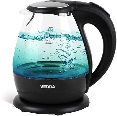 Verda Wasserkocher 1,5L 2200 Watt Edelstahl LED Beleuchtung Kabelloss Glas 360°, 100% BPA FREI (SN0615L)