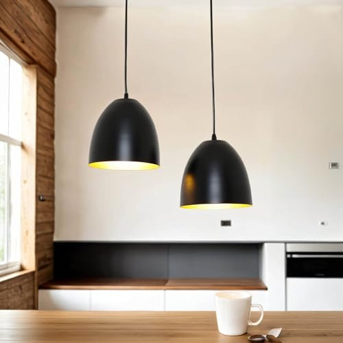 Licht-Erlebnisse Schwarze Hängeleuchte Schirm innen Gold E27 Ø20cm Retro Design Pendelleuchte Esstisch Wohnzimmer
