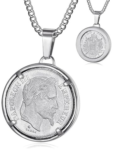 BOBIJOO Jewelry - Pendentif Pièce 20 Francs Napoléon III Tête Laurée Louis Acier Argenté Chaîne Collier 1868