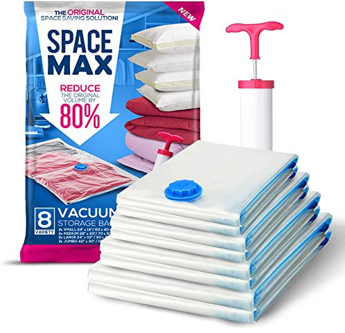SPACE MAX Bolsas de Almacenamiento al Vacío Primera Calidad, 80% Más de Compresión que Otra Bolsas Para Guardar Ropa, Bomba de Mano Incluida - Variedad 8 Piezas