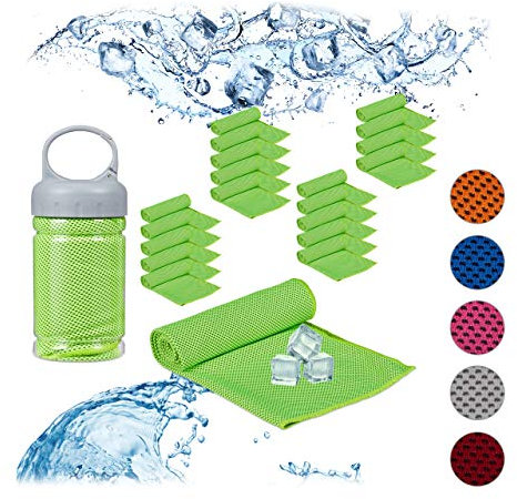 Relaxdays 20 x Kühlendes Handtuch, Mikrofaser, Kühltücher Hals, Sport & Fitness, mit Box, Kühlhandtuch Yoga, 90 x 30 cm, grün