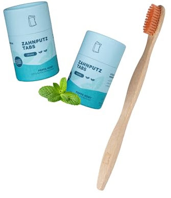 Duschbrocken Feste Zahnpasta Starterset - 2x “Peppa Mint” Zahnputztabletten & Bambus-Zahnbürste - Mit Fluorid - Natürlich, Vegan & Plastikfrei - 62g