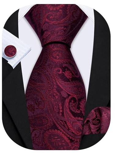 Barry.Wang Men Tie Set Paisley Burgundy Silk Necktie Pocket Square Cufflinks Formal Wedding Party Business