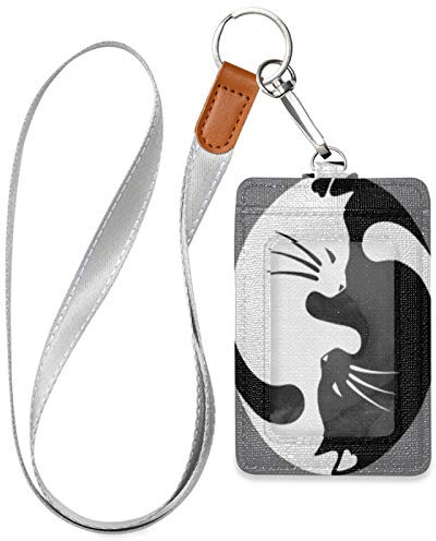HMZXZ Yin-Yang Tai Chi Katze Ausweishalter mit Schlüsselbänder Abnehmbar Schlüsselbund PU Leder Vertikal Ausweishalter Kartenhülle für Frau Männer Teacher Büro Worker Schule