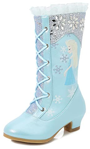 Monissy Ragazza Chic Stivali Suola Alta Morbida Pelliccia Inverno Stivali Neve Principessa Elsa Neve Cristallo Stampa Paillettes Fibbia Caviglia Fiocco Halloween Natale Blu 34