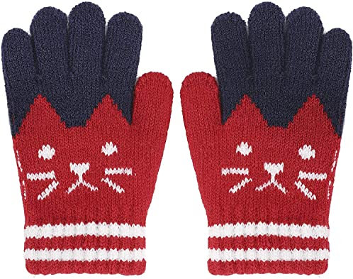 AOOPOO Weiche Kaschmir-Handschuhe mit Katzenmotiv, warme Vollfinger-Handschuhe mit Handgelenkschoner, für drinnen und draußen, für Kinder von 1 bis 4 Jahren, rot, Einheitsgröße