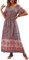 GRECERELLE Womens Summer Maxi Boho Beach Dress Floral Print Dress V Neck Short Sleeve Drawstring High Waist Flowy Long Midi Dresses (Begonia Black, L)