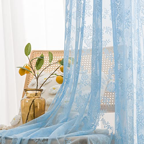 Sutuo Home Spitzenvorhänge, 2 Stück, blau, durchscheinend, 244 cm lang, Fenstervorhang, Paneele, Blumenstickerei, Vintage-Voile, Fensterdekoration für Schlafzimmer, Wohnzimmer, Küche, Stangentasche