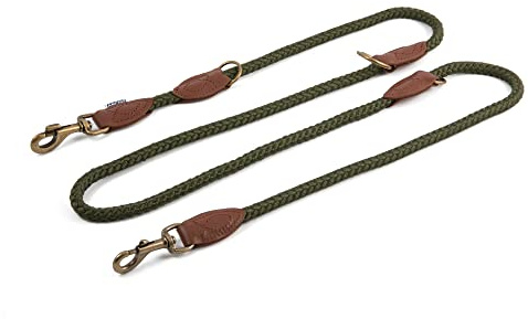 Ancol Heritage Rope Multiway Training Control Dog Lead Puppy Pet Walking Accessory Green Adjustable Durable Weatherproof Nylon Snap Hooks Reflective Ring - 2m x 12mm