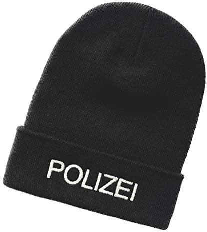 Schnoschi Dunkelgraue Strickmütze mit breitem Umschlag (Beanie Mütze) mit Polizei Bestickt für Herren, Damen, Jugendliche und Kinder