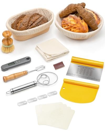 CODOGOY Gärkörb Set, 11 Stück Gärkörbchen Set 2 (23cm Rundes & 25cm Oval), Gärkorb zum Brotbacken Mit Lebensmittelthermometer, Brot Backen Zubehör, Bäckermesser, mit Leinentuch, Schaber & Holzbürste