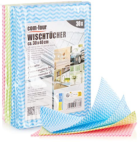 com-four® 30x Wischtuch - Wiederverwendbare Reinigungstücher für Küche, Bad und Haushalt - Mehrzweck-Lappen in 3 Farben - waschbares Putztuch (030 Blatt - 30x40cm - 3 Farben)