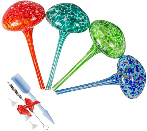 Plant Watering Globes 3.5, 4Pcs Large Self Watering Planter Insert Glass Plant Watering Devices for Indoor Outdoor Plants, Mushroom Automatic Plant Waterer Watering Spikes Bulbs + Funnel &Shovel
