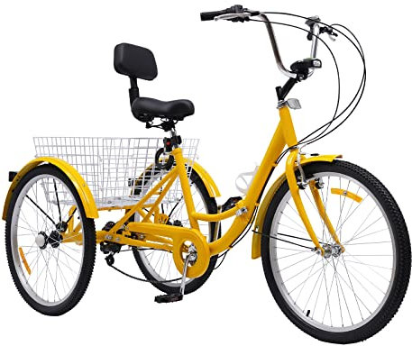 HaroldDol 24 Zoll 7 Gänge Zahnräder Dreirad Für Erwachsene, 3 Rad Fahrrad Mit Korb Und Lampe, Geschenke für Familie, Erwachsenen-Dreirad, faltbares Dreirad(Gelb)