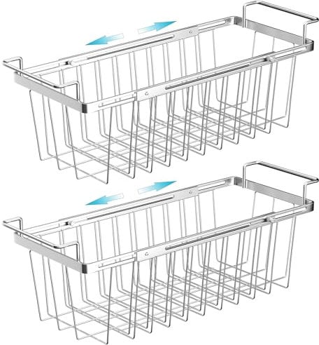 Orgneas Gefrierschrankkörbe für Gefrierschrank, Kapazität erweiterbar, Gefrierschrank-Organizer, verstellbar von 41,9 cm bis 67,3 cm, Edelstahl-Drahtkorb mit hängenden Griffen