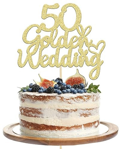 Gyufise 1Pcs 50th Wedding Anniversary Cake Toppers Gold Glitter 50th Golden Wedding Anniversary Heart Cake Decoration for Celebration Party Supplies