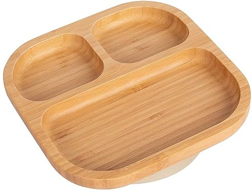 Tiny Dining Baby Plate with Suction Cup - Segmented - Beige - Divided Non-Slip Bamboo Self-Feeding Baby Weaning Plate for Babies, Toddlers, Children